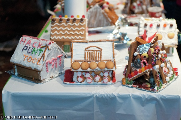 Three gingerbread houses paid homage to MIT at Friday’s Gingerbread House Building Contest, sponsored by MedLinks. The gingerbread house on the right was made to resemble the Stata Center.