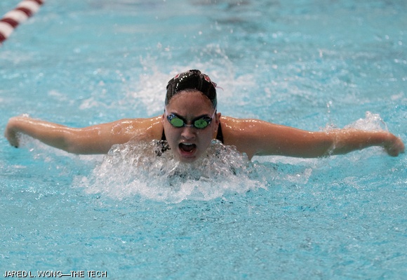 Whitney S. Loo ’15 competes in the final heat of the Women’s 200 Butterfly on Saturday. MIT Swimming and Diving hosted their Winter Invitational this weekend.