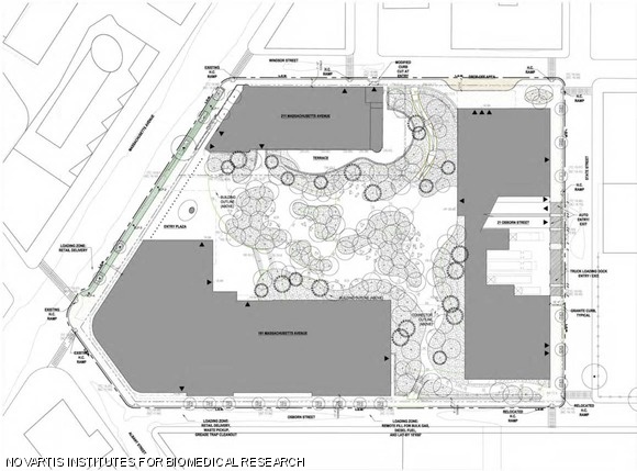 Layout of the new Novartis campus east of Massachusetts Avenue, also bounded by Albany, Osborn, State, and Windsor Streets. The campus features a large green courtyard that will be publicly accessible — at least during business hours.