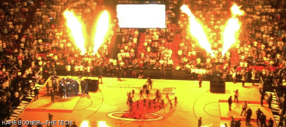 Fire brightens the American Airlines Arena in Miami during the pregame show for the Miami Heat’s home opener against the Boston Celtics on Dec. 27.