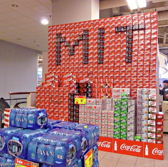 The Coca-Cola distributor for the Star Market on Sidney Street gave MIT a shout-out using boxes of Coke products. This is just one of several designs they display throughout the year, including a Christmas tree shape around the winter holidays.