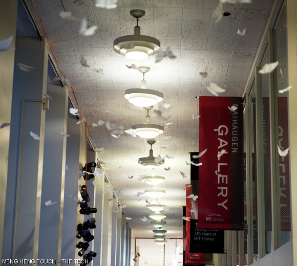 The bibliodoptera exhibit has been installed in the corridor between the Lewis and Hayden Libraries for the MIT FAST Arts Festival. Designed by Elena N. Jessop G and Peter A. Torpey G, the butterflies in the display contain excerpts of sheet music, books, and MIT theses. The butterflies are lit up when visitors arrive.