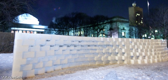 The IceWall was installed in Killian Court for the FAST Arts Festival. Designed by Yushiro Okamoto G and Kian Yam G, the IceWall contains seeds within each ice block, which will sprout and grow a flower bed when the wall melts.
