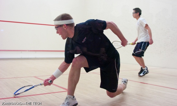 Michael G. Zomnir ’11 dives to retrieve a ball during a first-round match on Friday night. This weekend was Zomnir’s last match at MIT. During the final, Zomnir played a very close match, losing by only two points in the fifth game.