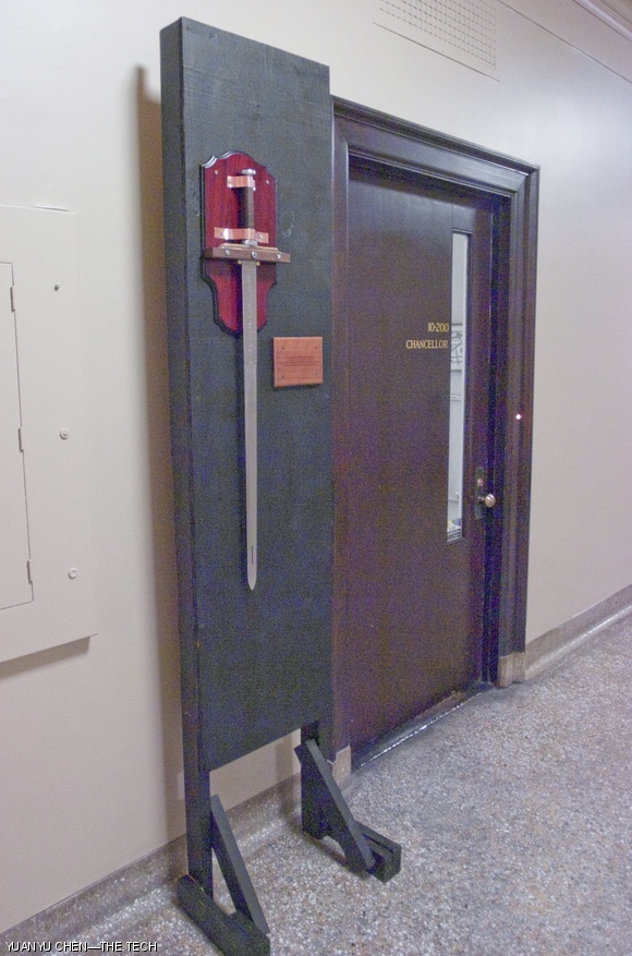 On Monday evening, the sword disappeared from the anvil in Lobby 7 and reappeared in front of the Chancellor’s office in Building 10. A plaque accompanies the sword. It reads: “On the Night of February 28th, 2011, Professor W. Eric L. Grimson PhD ’80 Drew This Sword from the Stone and Anvil in Lobby 7, Proving Himself Worthy of Chancellorship.” The anvil remained in Lobby 7.