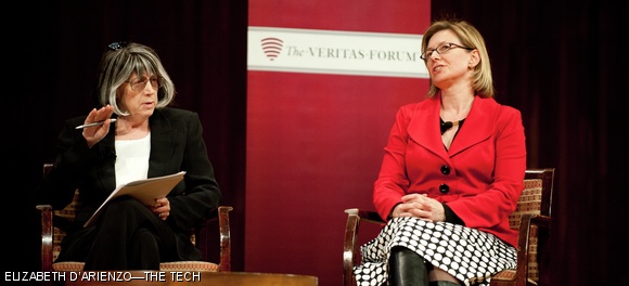Professor Rosalind W. Picard (right), founder and director of the Affective Computing Research Group and co-director of the Things That Think Consortium, responds to a statement by Professor Susan S. Silbey (left), a Leon and Anne Goldberg Professor of Humanities and Professor of Sociology and Anthropology at the Veritas forum this past Friday in Kresge. The forum was designed around the question “Will technology save the world?” and also featured Professor George Barbastathis and Professor José Gómez-Márquez.