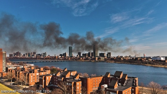In addition to the electrical fire on Tuesday, an unrelated brush fire also erupted on Sunday afternoon. This fire was along the sides of the Muddy River near Fenway and was promptly put out by firefighters. Smoke covered the Boston skyline.