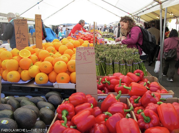 A display of colorful fruits and vegetables in Haymarket. The variety and good prices make Haymarket a great place to get supplies to fill fridges with nutritious items.