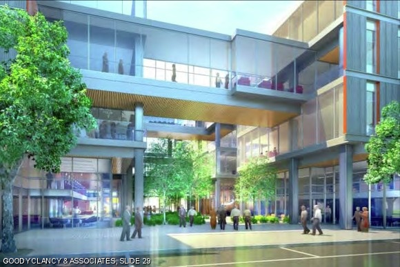 An example upper-floor building connection; such connections are encouraged for tenants needing over 35,000 square feet. They would be set back at least 35' from a street and would be at least 80 percent transparent.