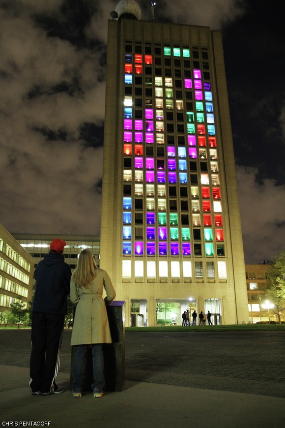Students and prefrosh alike were able to play a fully functional game of Tetris on the Green Building over Campus Preview Weekend. Hackers used the already installed LED arrays to light up the windows with a variety of colors for the super-sized video game.