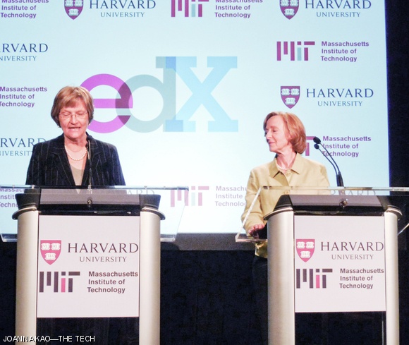 MIT and Harvard presidents Susan J. Hockfield and Drew Faust announce edX during Wednesday’s press conference. “We come together with conviction to say that online education is not an enemy of residential education, but rather a profoundly liberating and inspiring ally,” Hockfield said.