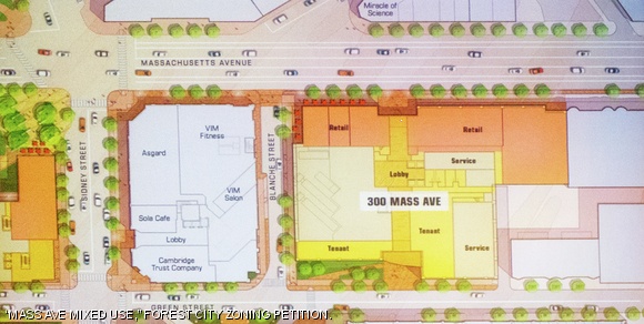 Forest City has petitioned the city for zoning changes to permit building a new life sciences research building. The proposed building would have ground-floor retail frontage on Massachusetts Avenue, and a lobby passageway through from Mass. Ave. to Green Street. Additionally, Forest City proposes to build a residential development north of Sidney Street replacing much of the park that adjoins the firehouse.