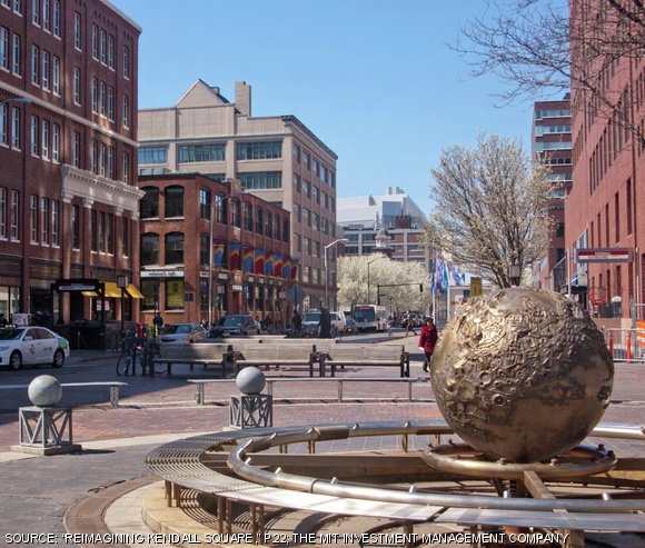 Point Park in Kendall Square is at the south end of Main Street, where it meets Broadway, Wadsworth, Third Street. MITIMCo envisions that Wadsworth street, off the left edge of this photo, would be broadened into a wide riverwalk leading to the Charles. The globe fountain is Joe Davis’s 1989 sculpture: “Galaxy: Earth Sphere.”
