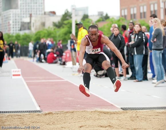 Sheldon N. Trotman ’14 competes in the triple jump. He finished with a distance of 12.93 meters.