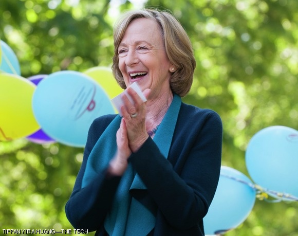 President Hockfield is taken by surprise at the appearance of a flash mob during the “Hockfield Day” picnic, held on May 17 in Killian Court.