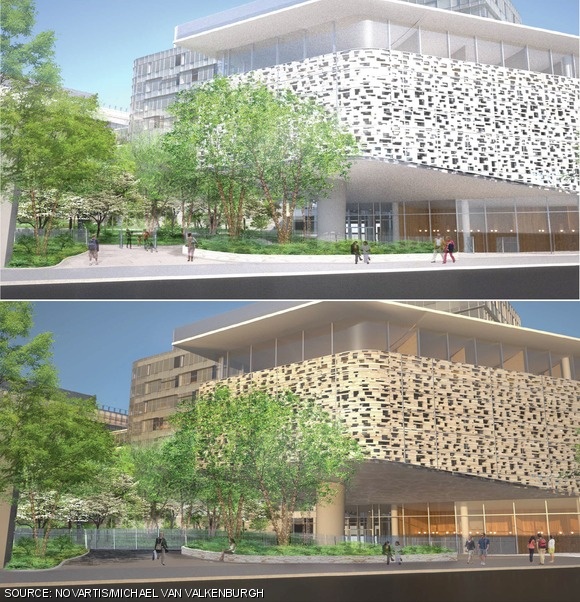 Novartis’ new campus on the east side of Massachusetts Avenue will have a green public courtyard; the planning board rejected their proposal for a gate that is open during the day (top) and closed at night (bottom).