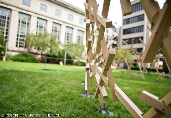 Students began construction on a wooden structure in front of Building 33 last weekend. The self-supporting structure composed of 2x2 wooden posts will be on display at its current location until November.