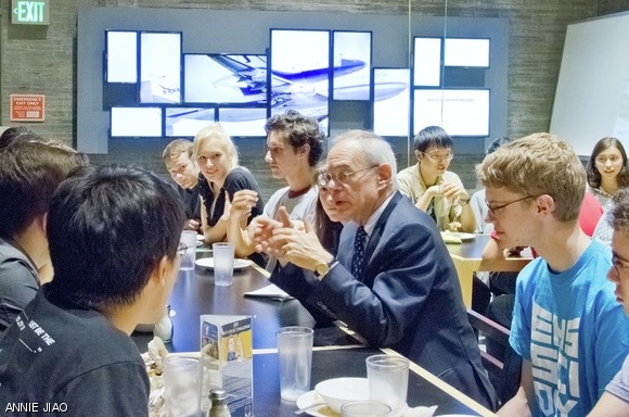 President L. Rafael Reif talked with students during dinner at Simmons Hall last Thursday evening. The visit coincided with Simmons’ 10th anniversary, celebrated over the weekend and with the unveiling of a 144”, twelve-panel digital display on the west wall of the dining hall.