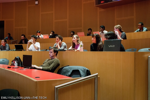 Students prepare to watch the presidential debate on Wednesday night in the Stata Center during an event hosted by The Forum, MIT’s political discussion group, in collaboration with MIT College Democrats and MIT College Republicans. Members of The Forum led discussions before and after the debate.