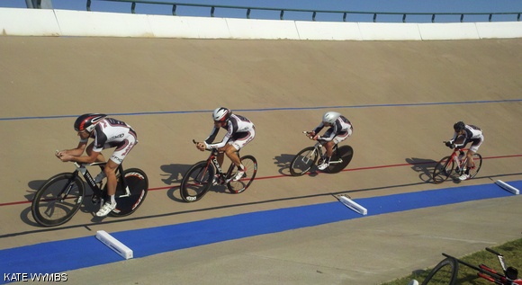 Michael L. Garrett G, Spencer D. Schaber G, Zachary A. LaBry G, and Zachary S. Hartwig (right to left), representing MIT’s cycling team, rode in tight formation during the team pursuit portion of the Cycling Track National Championship. MIT won the Division II championship. The event was held September 20-22 in Frisco, TX.