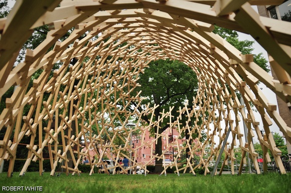 The Framework Pavilion, designed and built by architecture graduate students Robert White, David P. Moses, Barry Beagen, and Trygve H. Wastvedt, explores the idea of semi-permanent spaces on campus.