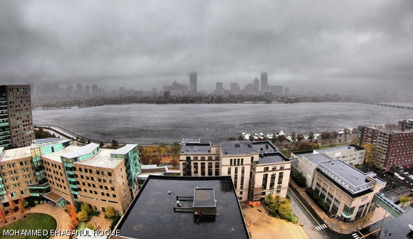 Hurricane Sandy’s dark clouds loom over Boston on Monday afternoon. Winds were consistently gusting over 45 mph on Monday, and all MBTA services were suspended after 2:00 p.m.