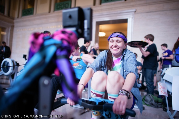 Participants were all smiles in Lobby 10 Friday morning at Amphibious Achievement’s second annual Erg-A-Thon, a fund-raising event which involved teams of volunteers competing to row the longest distance on indoor rowing machines. Amphibious Achievement, an organization that offers a dual athletic and mentorship program for youth in the Boston-Cambridge area, raised a total of $7,495 this year.