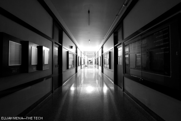 The Infinite Corridor was only partly illuminated during the power outage.