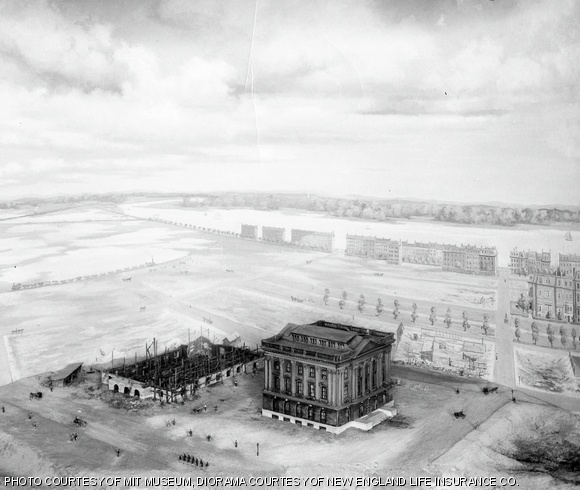 Still under construction in this diorama depicting 1863, MIT’s campus in Copley Square was once the westernmost frontier of Back Bay. The woody shores of Cambridge beckon from the background.