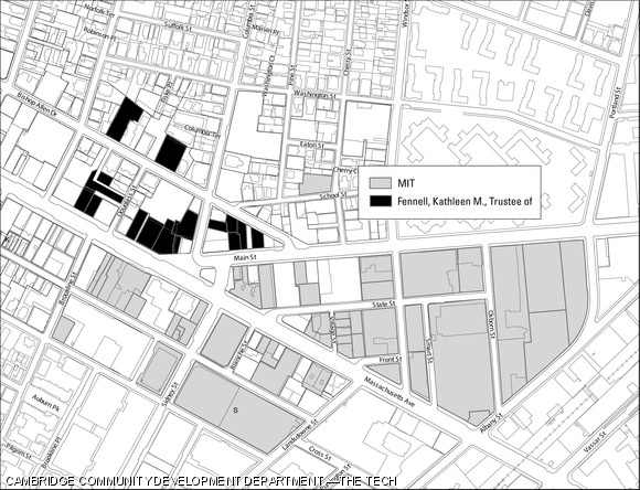 Parcels of land in Central Square, currently owned by Kathy Fennell and the Fennell Realty Trust (in black), valued at over $15 million, are up for sale. Real estate currently owned by MIT is shown in gray.
