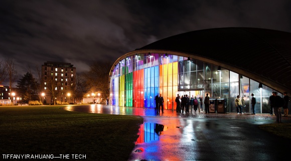 Kresge Auditorium’s facade shines with various colored banners corresponding to the different teams presenting in the 2.009 Product Engineering Processes final project milestone Monday night.