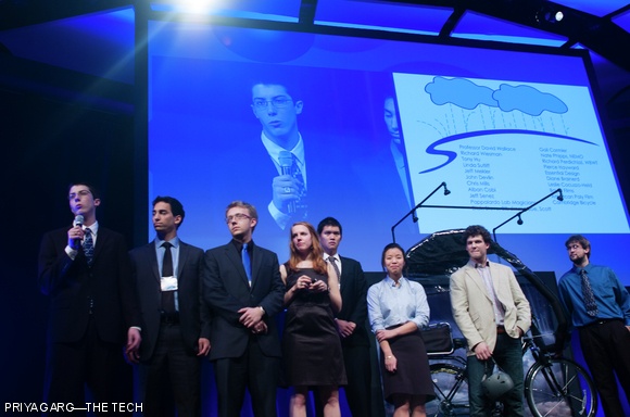 The Blue Team presents their product, StormShield, which provides environmental protection for cyclists.