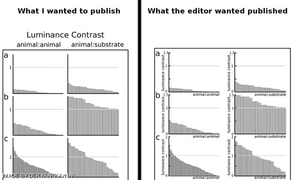 14 of the 28 plots in Figure 3 are shown here. Besides the addition of individual x- and y-axis labels for each plot, extra tick marks were added in the published version to show scale. This is unnecessary because only a luminance contrast value of 1 (green line) is meaningful; how much smaller or larger the gray bars are than this value does not offer any insight or clarification.