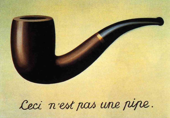 La trahison des images (The Treachery of Images), by René Magritte, is another work Bird discusses in “word as image,” which has evolved from ancient hieroglyphics to surrealist humor. The text below the pipe reads, “This is not a pipe.”