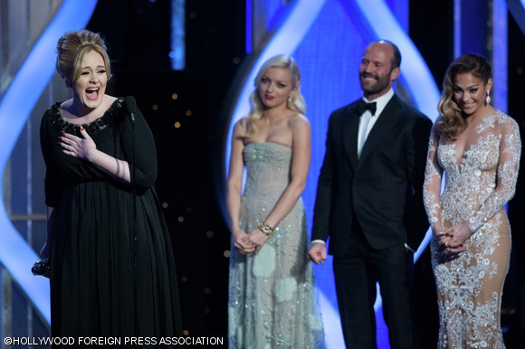 Adele accepts a Golden Globe Award for best original song in a motion picture for “Skyfall.” Francesca Eastwood, Jason Statham, and Jennifer Lopez watch from the side.