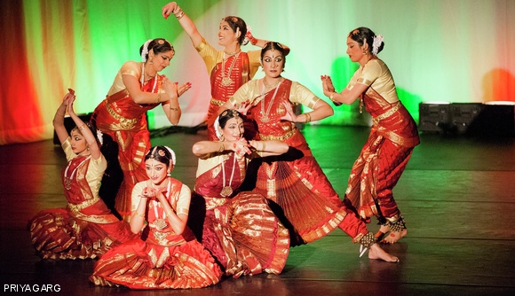 Anjali B. Thakkar ’12 (pictured at far back) performs “Maanya Shree — Exceptional Women” with members of the Abhinaya Dance Company in a guest performance hosted by MIT Natya. The concert paid homage to various women from Hindu mythology and concluded with expressive dances focusing on the plight of women in India.
