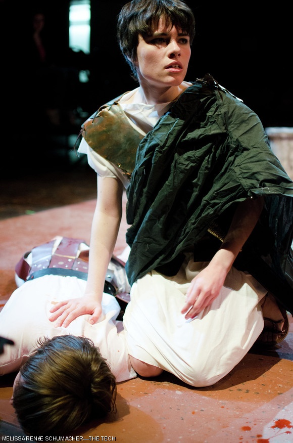 Brutus (Katie A. Roe ’14) discovers the body of a comrade in the MIT Shakespeare Ensemble’s performance of “Julius Caesar.”