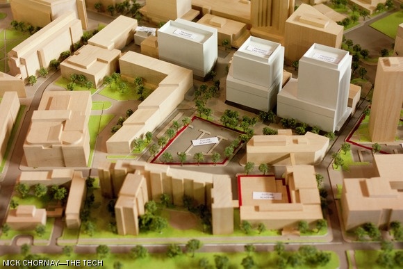 Shown in white in this model from MITIMCo are three proposed lab or commercial office buildings along the south side of Main Street. (The Media Lab appears at the left.)