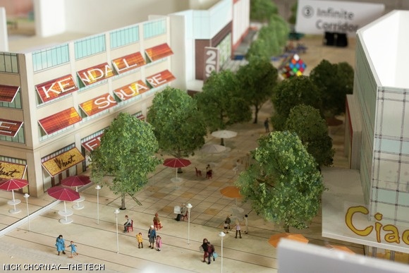An eastern gateway to MIT at the current site of the T stop across from the Marriott Hotel is part of MITIMCo’s vision for Kendall Square. One possible view of the gateway is depicted in this model, which sits in a room on the ground floor of 1 Broadway, where there will be an open house on Saturday, March 23, at 10 a.m. and on Tuesday, March 26, at 6 p.m. MIT would like to develop the area for a mixture of commercial, residential, and “innovation” purposes, with open spaces and inviting storefronts at the street level.