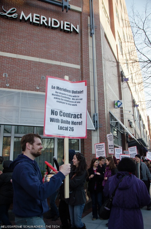 Workers at the Le Meridien Hotel held a rally on Thursday, April 4, 2013 in front of Cambridge City Hall, then marched to the hotel, located in Central Square. They have been calling for a boycott for the hotel since October. Members of Unite Here Local 26, which include MIT cafeteria workers, also participated in the rally.