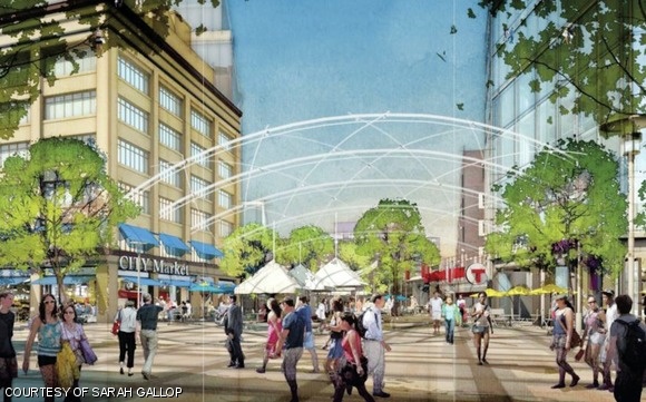 An artistic rendering of an early conception of a new gateway to MIT where the current Kendall T stop stands, across from the Marriott Hotel. The gateway is intended to mirror the prominence of 77 Mass. Ave.