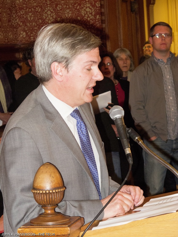 Commonwealth Secretary of Housing and Economic Development Greg Bialecki speaks to the Cambridge City Council on Monday evening, in favor of MIT’s petition to rezone its part of Kendall Square.