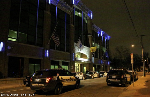 Police officers return to the Cambridge Police Headquarters in East Cambridge after the manhunt on Friday, Apr. 19.