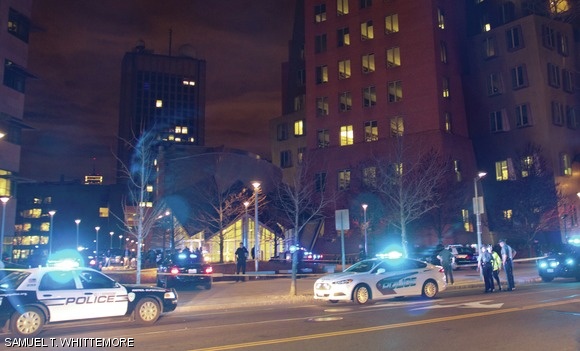 Photo taken at the scene of the fatal shooting of the MIT police officer late yesterday night near 32 Vassar Street.