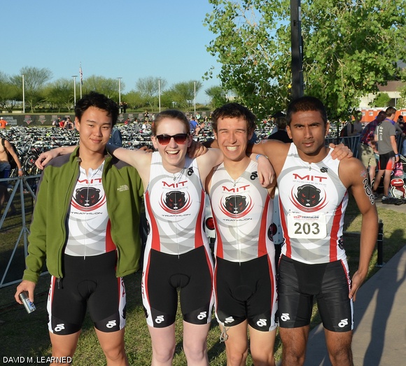 Four athletes from the MIT triathlon team competed last weekend at the Collegiate National Championship in Tempe, Arizona. From left to right, the teammates are Mitchell David Hsing G, Sarah A. Weir ‘14 (a Tech sports editor), Sam Nicaise G, and Akansh N. Murthy ‘13.