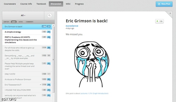 6.00x students developed an unusual fondness for Professor Eric Grimson PhD ’80, who is also MIT’s chancellor. After Grimson reappeared in a few lecture sequences ­— having been replaced for some lectures by Profs. John Guttag and Chris Terman — this post was upvoted to the top of the discussion forum and garnered 15 additional comments.