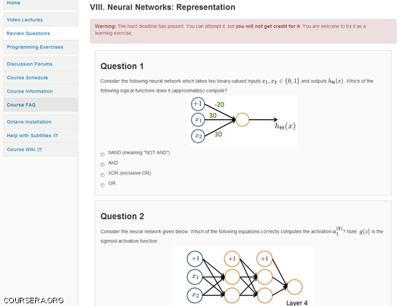 Stanford’s Machine Learning homework assignments were MATLAB/Octave-based programming assignments and multiple-choice review questions, seen here. On each retry of a problem set, question parameters and answer choices would change to thwart random-guessing strategies. Students can try review questions up to 100 times.