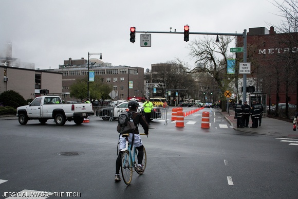 Police shut down Mass Ave. around 8am to all but pedestrian and bike traffic in preparation for the memorial for Sean Collier.