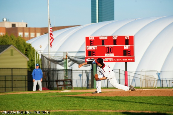Michael A. Wymer ’16 pitches in the 10th inning after the MIT baseball game had been tied by a 2-run home run from Kendall L. Helbert ’16 in the 9th. The Engineers defeated UMass Boston 4-3 at Briggs Field on Thursday, April 25 in the 11th inning after James R. McKinney ’13 hit a walk-off single in the bottom of the 11th.