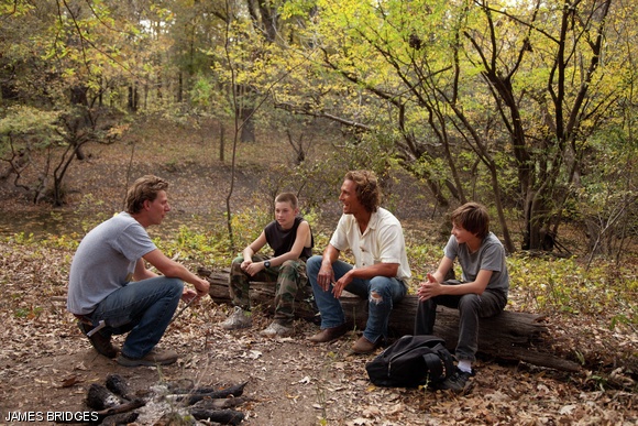 (From left) Writer and director Jeff Nichols, Jacob Lofland, Matthew McConaughey, and Tye Sheridan on the set of Mud.